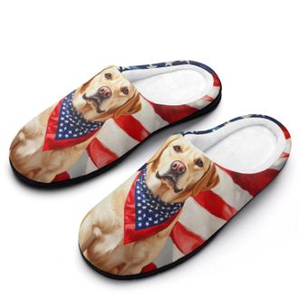 Generic Labrador Dog U.S. Flag Mens House Slippers Memory Foam Washable Cotton Slip on Home Shoes