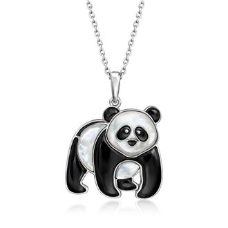 Ross-Simons Onyx and Mother-Of-Pearl Panda Pendant Necklace in Sterling Silver
