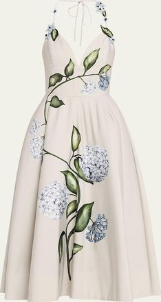 Oscar De La Renta Porcelain Flower Embroidered Halter Midi Day Dress
