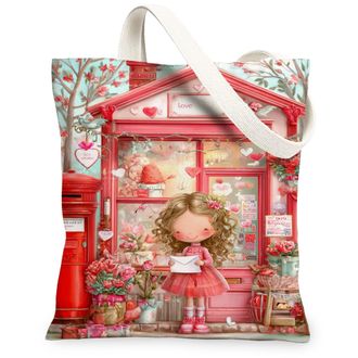 Generic ValentineS Day Floral Canvas Tote Bags, Adorable Heart Print Reusable Grocery Bags, Lightweight Washable Shoulder Strap Ca, Peach, 13x15 Inch