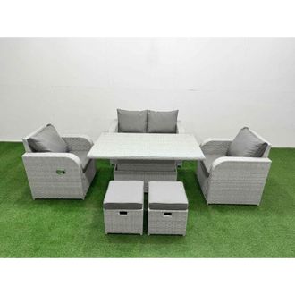 Fimous Light Grey pe Wicker Rattan Garden Furniture Set Sofa Set Reclining Chair Adjustable Lifting Dining or Coffee Table 6 Seater 2 Small Stools - Fimous