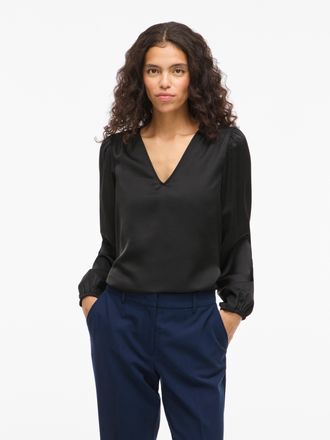 Vila Langarmshirt VILA VIELLETTE L/S SMOCK SATIN TOP - NOOS, Damen, Gr. 34, schwarz, Jersey, Obermaterial: 100% Polyester, unifarben, regular fit normal, V