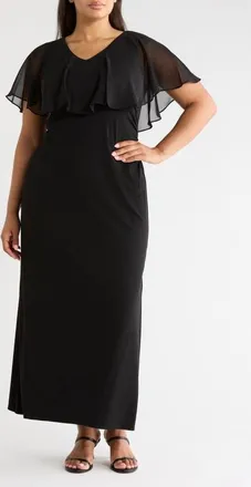 Connected Chiffon Flutter Sleeve Gown in Black at Nordstrom, Size 20W