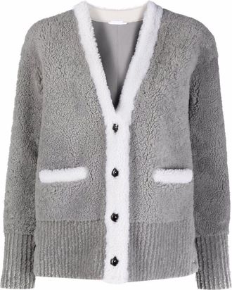 Thom Browne V-neck contrast-trim shearling cardigan jacket - women - Sheep Skin/Shearling - 38 - Grey