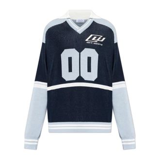 Off-white V-neck Knitwear, male, Blue, Size: XL Logo Sweater