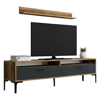 Dmora Dmora - Pared Equipada Edasich, Composici&oacute;n De La Sala De Estar, Muebles De Sal&oacute;n Multiusos, Gabinete De Tv, 180x35h47 Cm, Nogal Y Antracita, Con Emba