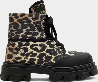 Ganni Cleated Leopard-Print Denim Ankle Boots