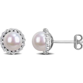 Delmar Sterling Silver Cultured Pearl & Lab Grown White Sapphire Halo Stud Earrings at Nordstrom Rack