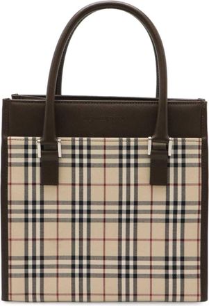 Burberry Beige Black Bordeaux Dark Brown Canvas Leather Handbag Tote Bag (Pre-Owned)