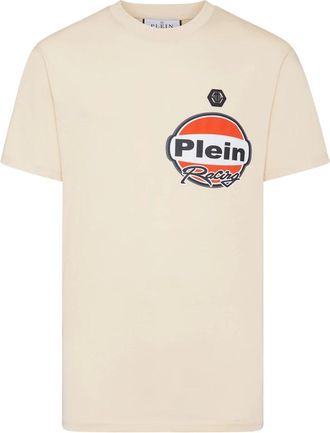 Philipp Plein Tops, Heren, Beige, XS, Katoen, T-Shirt Ronde Hals Racing