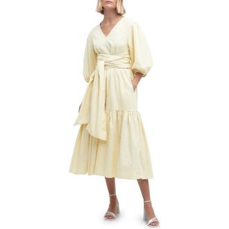 Barbour Annie Puff Sleeve Linen & Cotton Midi Dress in Lemon Souffle at Nordstrom Rack, Size 12 Us / 16 Uk
