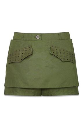 MCM Skirt-Layered Shorts in ECONYL and Monogram Print Leather in Green at Nordstrom, Size X-Small
