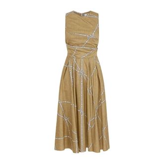 Elisabetta Franchi Midi Dresses, female, Beige, Size: M Cotton Dress with Raffia Print and Ribbon