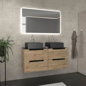 Aurlane Mueble De Ba&ntilde;o 120cm Roble Y Negro, Lavabos Cuadrados Y Espejo Led 120x70