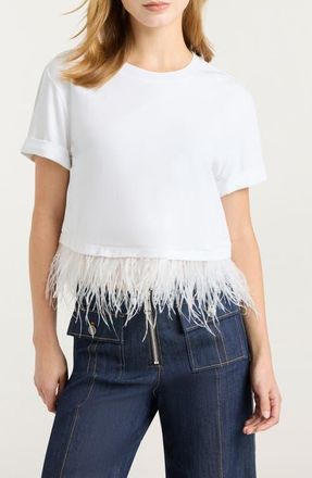 Cinq &agrave; Sept Feather Trim Crop T-Shirt in White at Nordstrom, Size Medium
