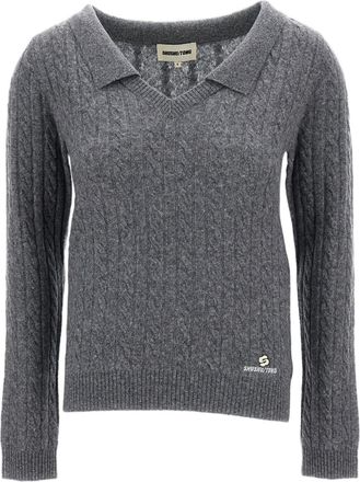 Shushu/Tong Grey V-Neck Chelsea Collar Cable Knit Wool-Lyocell Sweater