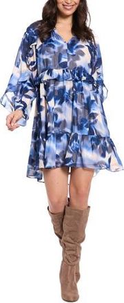 London Times Floral Ruffle Long Sleeve A-Line Dress in Cream/Blue at Nordstrom Rack, Size X-Large