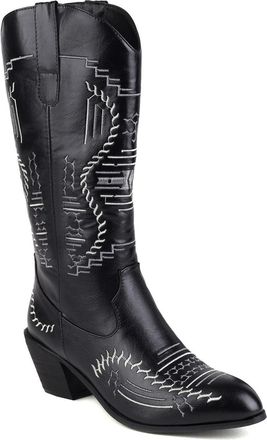 Generic Womens Round Toe PU Leather Long Boots Chunky High Heel Mid-Calf Boots Pull on Western Boot with Embroidery Stitched,Black,9.5 UK