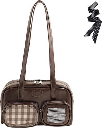Generic Womens Retro PU Leather Bowling Bag, Preppy Underarm Purse with Double Pockets for Travel Everyday Use (Coffee)
