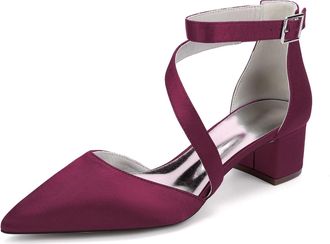 Generic Womes Wedding Bridal Pointed Toe Low Chunky Heels Satin Block Ankle Strap Pumps Party Dress Shoes 4.5 Cm,Burgundy,10 UK