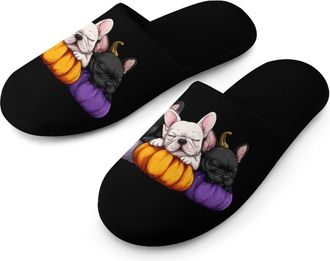 Generic French Bulldog Pumpkin Mens Slippers Warm Non-Slip Houes Shose Spa Slipper for Home Bedroom