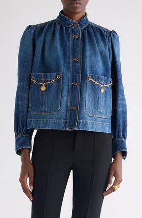 Chlo&eacute; Chain Detail Puff Shoulder Denim Jacket in Faded Indigo at Nordstrom, Size 10 Us