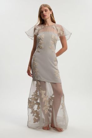 Karen Millen Womens Tall Quilted Applique Organdie Angel Sleeve Woven Maxi Dress - Silver - Size 16 UK