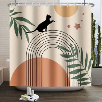 OEM Cortina De Ducha Estilo Boho De 180x180 Cm, Dise&ntilde;o Abstracto De Mediados De Siglo Con Gato Negro, Hojas Verdes, Lazo, Sol, Luna, Beige, Moderno, Minim