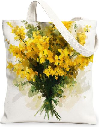 Generic Spring Goldenrod Flower Canvas Tote Bag for Shopping 13x15, Watercolor Florals Plant Reusable Grocery Print Bag for Women, Botanical Beach Aesthetic P