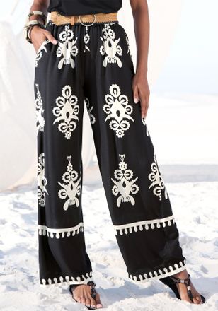Lascana Palazzohose LASCANA, Damen, Gr. 34, N-Gr, schwarz (schwarz, sand bedruckt), Web, Obermaterial: 100% Viskose, bedruckt, figurumspielend lang, Hosen Pal