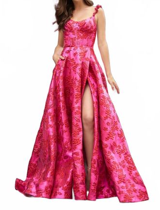 Sherri Hill Jacquard Evening Gown In Pink Floral