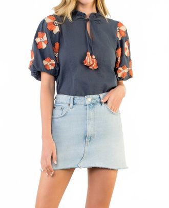 THML Clothing Puff Sleeve Tassel Tie Top In Blue/ Orange