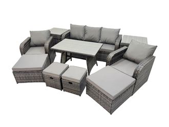 Fimous Garden Rattan Furniture Set 9 Seater with 2 Side Table 2 Big Stool in Dark Grey