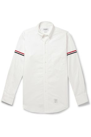Thom Browne Button-Down Collar Striped Grosgrain-Trimmed Cotton-Poplin Shirt
