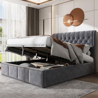 vidaXL Cama Con Almacenamiento Cama Doble Acolchada Para Adulto 160x200 Cm Con Palanca Hidr&aacute;ulica, En Terciopelo, Gris, Sin Colch&oacute;n