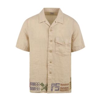 Paul Smith PS Geborduurde Vakantie Shirt - Heren - Korte mouwen Overhemden - Beige - S - Leer - Overhemden