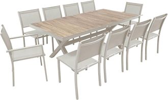 Oviala Mesa de jard&iacute;n de cer&aacute;mica con madera, 201 cm y 10 sillas crema