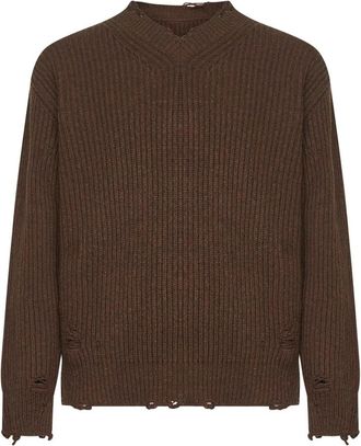 Maison Margiela Bruine Distressed V-hals Sweater - Heren - V-hals truien - Bruin - S - Wol - Truien & Vesten