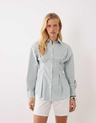 Ghospell Delta - Camicia a maniche lunghe azzurra a righe con vita stretta-Blu