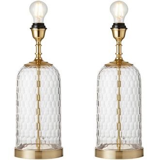 Loops 2 PACK Geometric Glass Table Lamp Brass Trim BASE ONLY Modern Bedside Light in Clear