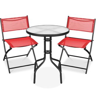 Best Choice Products 3-Piece Patio Bistro Dining Furniture Set w/ Round Textured Glass Tabletop, Folding Chairs