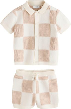 Next Kids Checkerboard Knit Button Shirt & Shorts Set in Neutral at Nordstrom, Size 12-18M