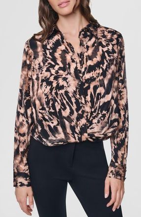 DKNY Print Twist Front Shirt in Abstract Feather at Nordstrom, Size X-Small