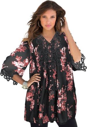 Roaman's Plus Size Juliet Lace Trim Button Down Shirt in Black Watercolor Bouquet at Nordstrom, Size 40