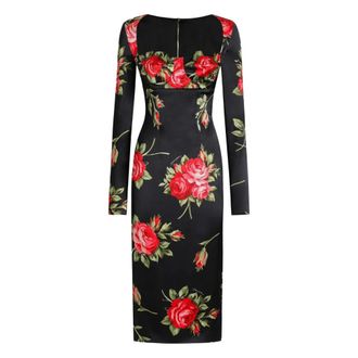 Dolce & Gabbana Rose Bouquet-Print Sheath Dress - female - Dolce & Gabbana - Midi Dresses - Black - S - Dresses