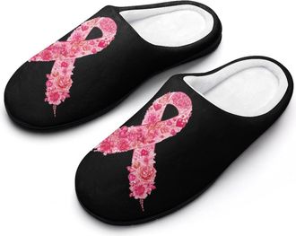 Generic Breast Cancer Awareness Ribbon Fashion Cotton Slippers for Women Memory Foam House Slippers Non-Slip House Bedroom Shoes