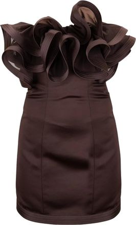 Elisabetta Franchi Jurk met ruches en mesh inzet - Dames - Feestkleedjes - Bruin - S - Polyester - Kleedjes