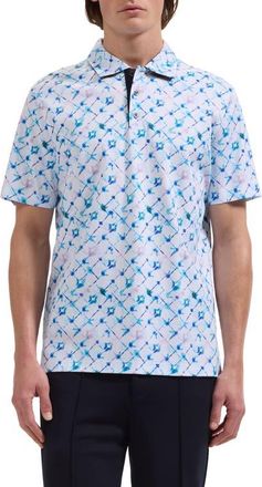 Bugatchi Hendrix Geo Print Pima Cotton Polo in Aqua at Nordstrom, Size Xxx-Large