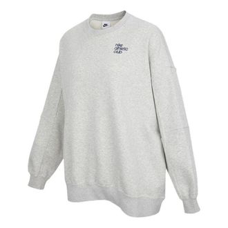 Nike (WMNS) Nike Logo Alphabet Embroidered Loose Fleece Lined Round Neck Pullover Gray Hoodie DQ9146-050