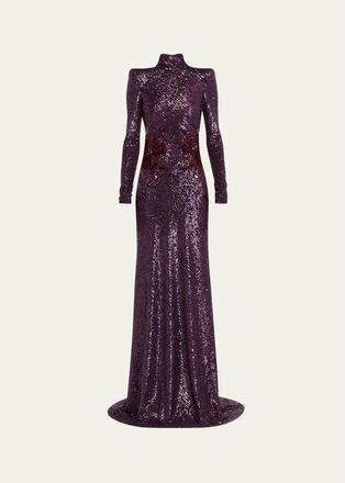 Naeem Khan High-Neck Long-Sleeve Floral Sequined Gown